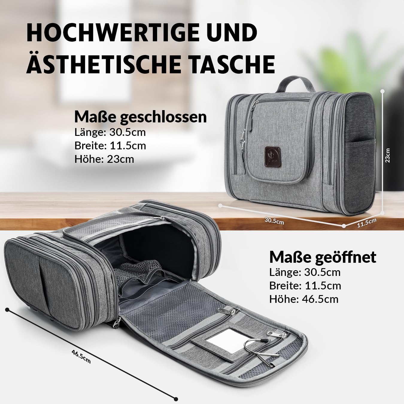 Obics Kulturbeutel Herren & Damen Gross grau 8L XL - Kulturtasche zum Aufhängen & mit Spiegel - Toiletten-Tasche mit Henkel hängend - Kosmetik-Beutel groß - Waschtasche 10 Fächer für Camping Reisen 4