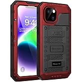 Beasyjoy for iPhone 14 Case Waterproof, Metal Heavy Duty Full Body Protective Case with Built-in Screen Protector, Military Grade Shockproof Dustproof Defender Rugged Cover 6.1 Inch, Red