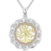 Sterling Silver Birthstone Celtic Tree of Life Necklace, 18K Gold Plated Colored Gemstone Tree of Life Pendant Two-Tone Necklaces Jewelry Birthday Gifts for Women 18" - 20"