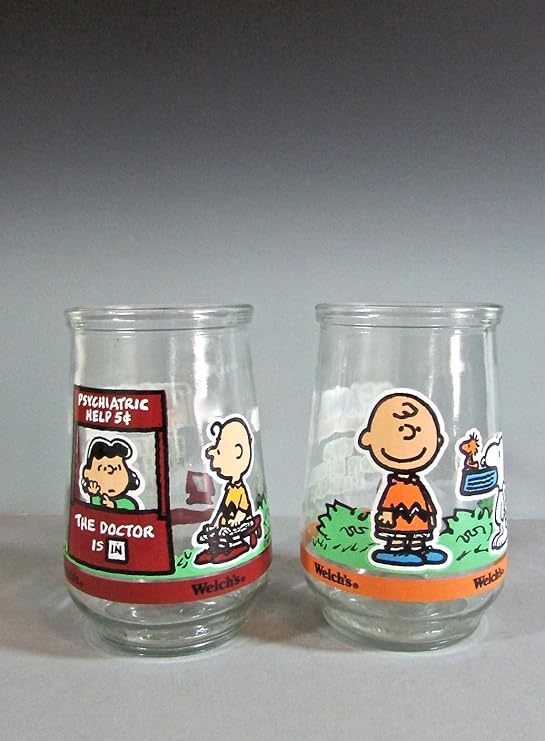 2 Vintage Peanuts Lucy Charlie Brown Snoopy Welch's Jelly Jar Juice