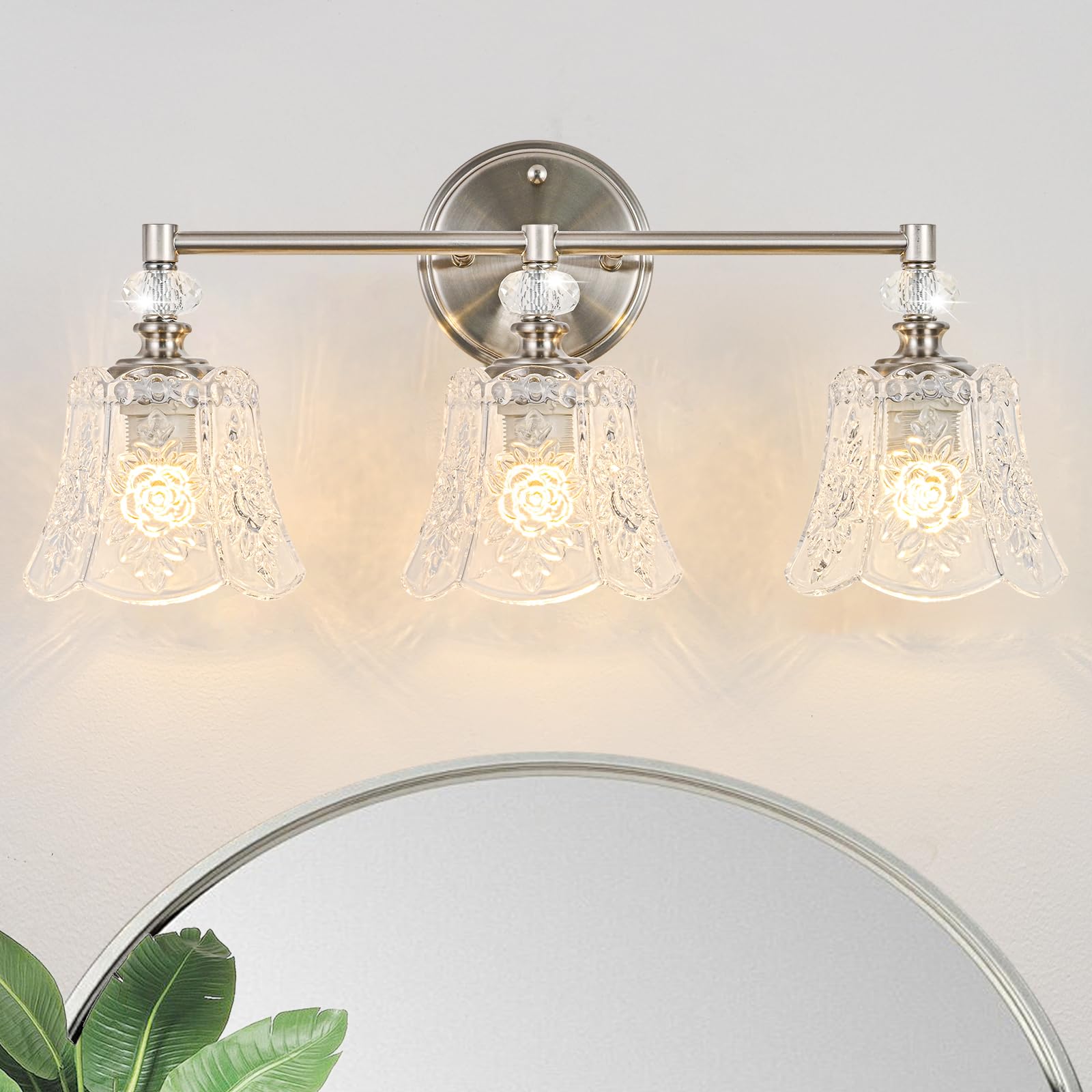 Photo 1 of Brushed Nickel Bathroom Vanity Light Fixture, 3-Light with Rose Pattern Crystal Glass Shade