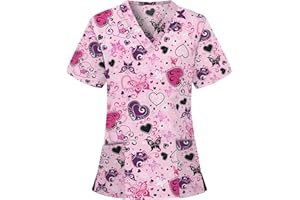 ODEUIAOD Womens Scrub Tops Fashion Printed Work Uniform T-Shirt V Neck Short Sleeve Nurse Tops Tunic Blouse with Pocket