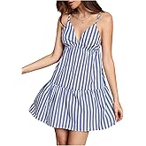 SOLY HUX Women's Striped Cami Dress V Neck Spaghetti Strap Ruffle Hem Short Summer Dresses