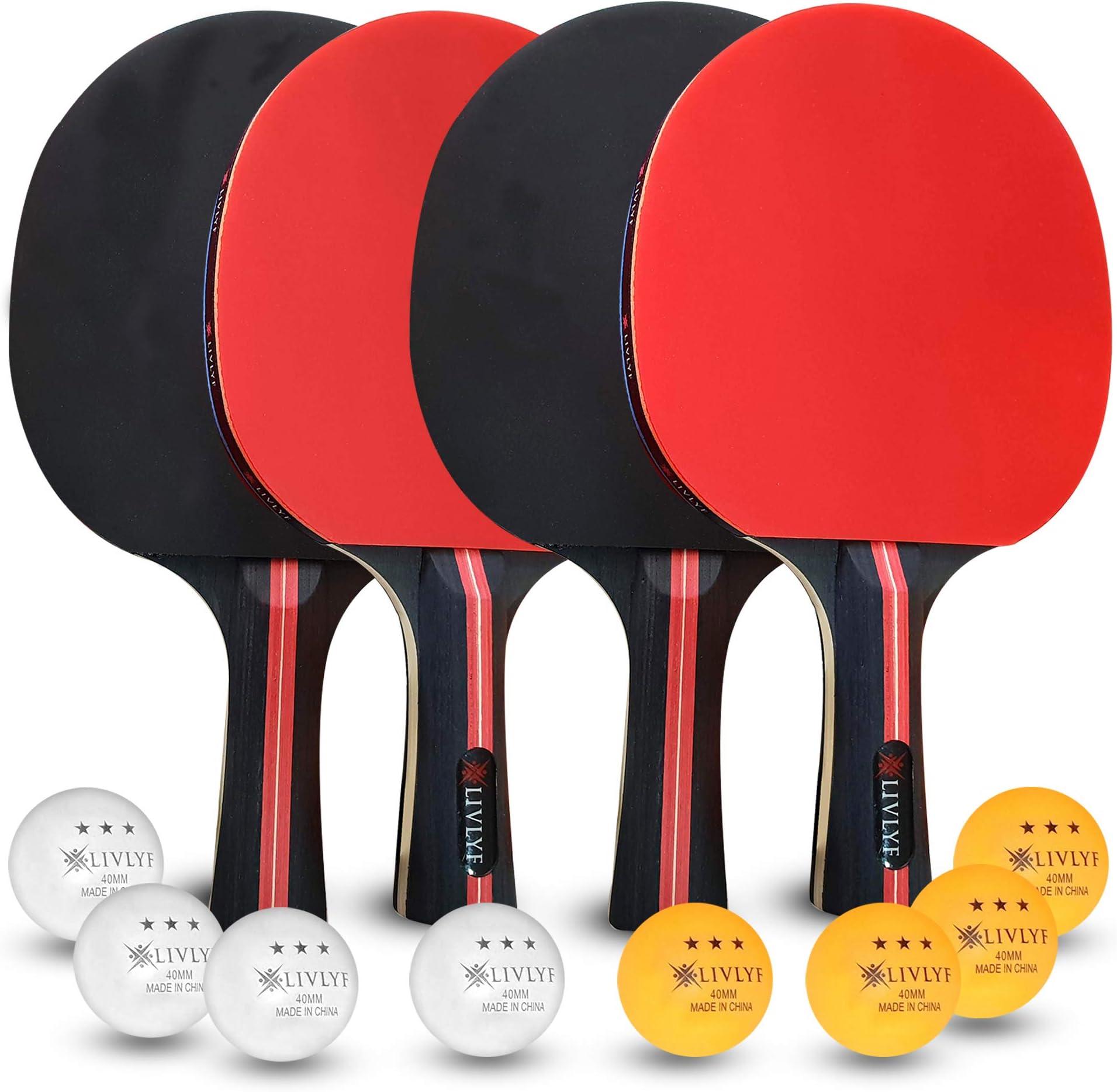LIVLYF Ping Pong Paddle Set - 4 Premium 7 Ply Wood Racket, 8 Table Tennis Balls Bundle, Portable Travel Storage Bag - Professional Game Play - Unbeatable Control, Spin, Speed - Top Sports Kit