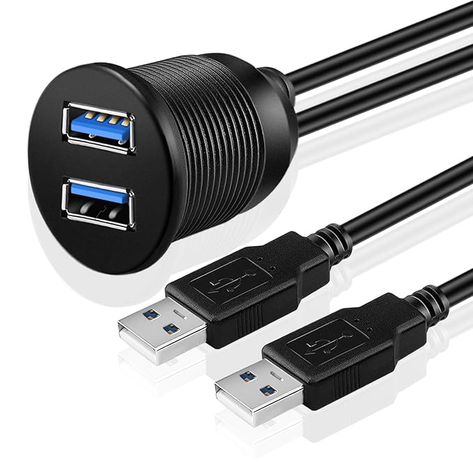 TNP USB 3.0 Flush Mount Cable - Dashboard Panel Dash Mount 2 Ports Dual USB Socket Plug Jack Connector Extension Wire Cord Waterproof Male to Female for Car Truck Trailer Boat Motorcycle (1.8M/6FT)