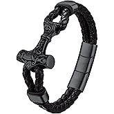 Bestyle Genuine Leather Braided Viking Bracelets for Men Boys, Vintage Thor's Hammer/Skull/Masonic Freemason Wrap Cuff Wirstband Bracelets with Closure
