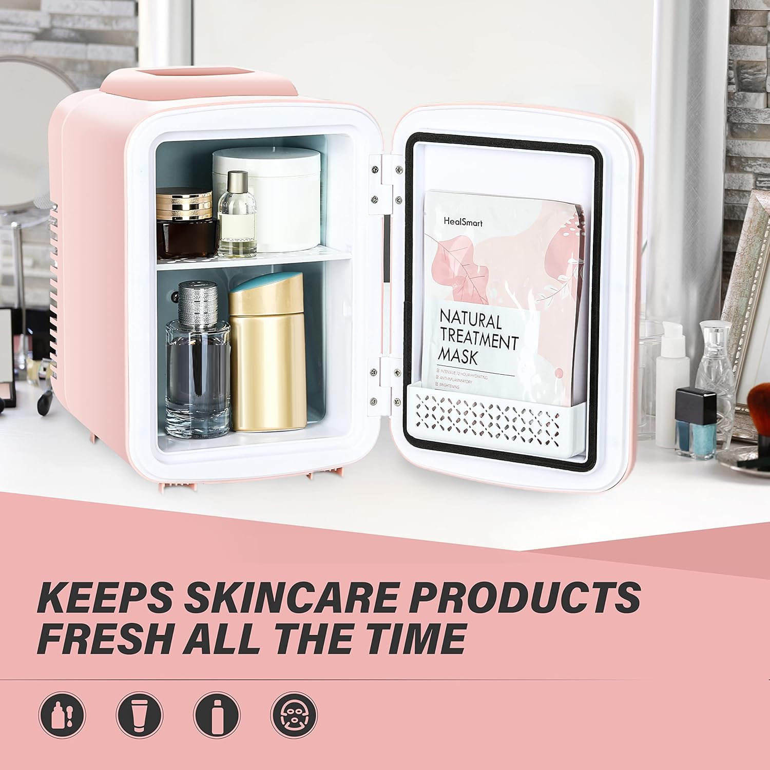 YSSOA 4L Mini Fridge 6 Can Portable Cooler & Warmer Compact Refrigerators for Food, Drinks, Skincare, Office Desk, Pink - Image 3