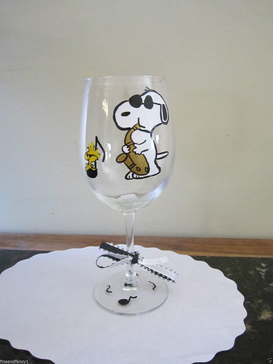 Hand Painted Stemless Wine Glass Snoopy Woodstock 12 oz. Home & Kitchen