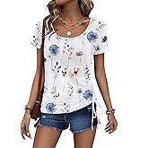 Womens Tops Short Sleeve Summer Henley Shirts Scoop Neck Ruched Blouses Dressy Casual Tunics Loose Fit Tops 2025 Trendy