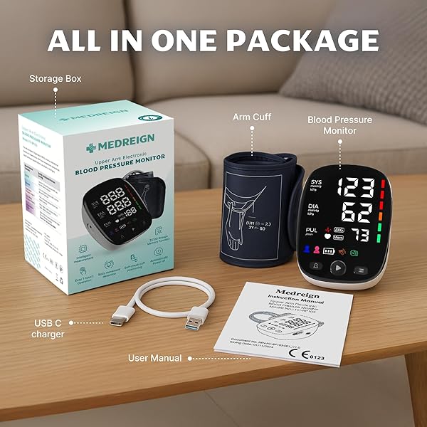 UPPER ARM BLOOD PRESSURE MONITOR WITH WIDE RANGE CUFF THAT FITS STANDARD TO LARGE ADULT ARMS, LARGE LED DISPLAY, IRREGULAR HEARTBEAT DETECTOR, CLINICALLY VALIDATED, USB-C POWER CABLE