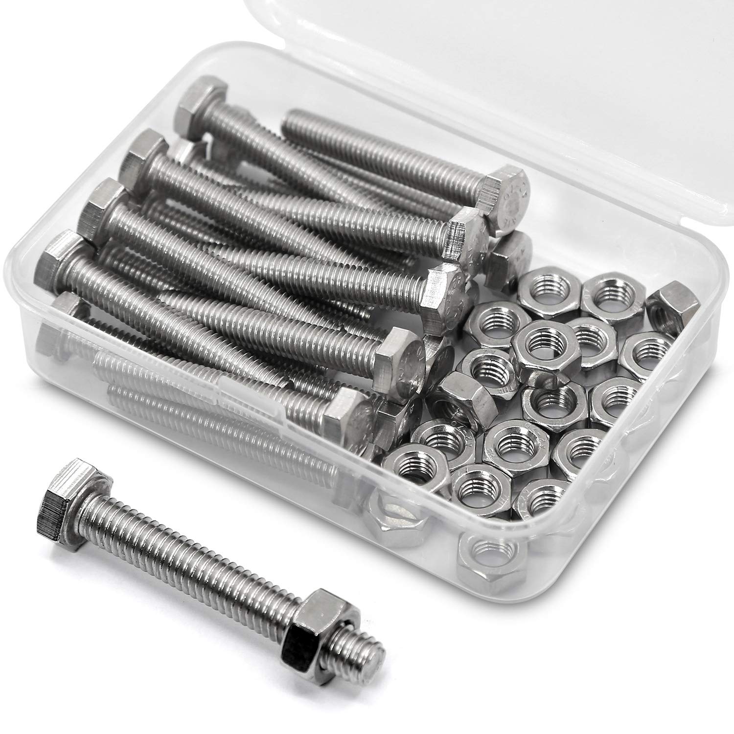 M6 x 30mm 30PCS Hex Head Screws Bolts and Nuts Set, 304 Stainless Steel 18-8, Full Thread, Bright Finish, Machine Thread