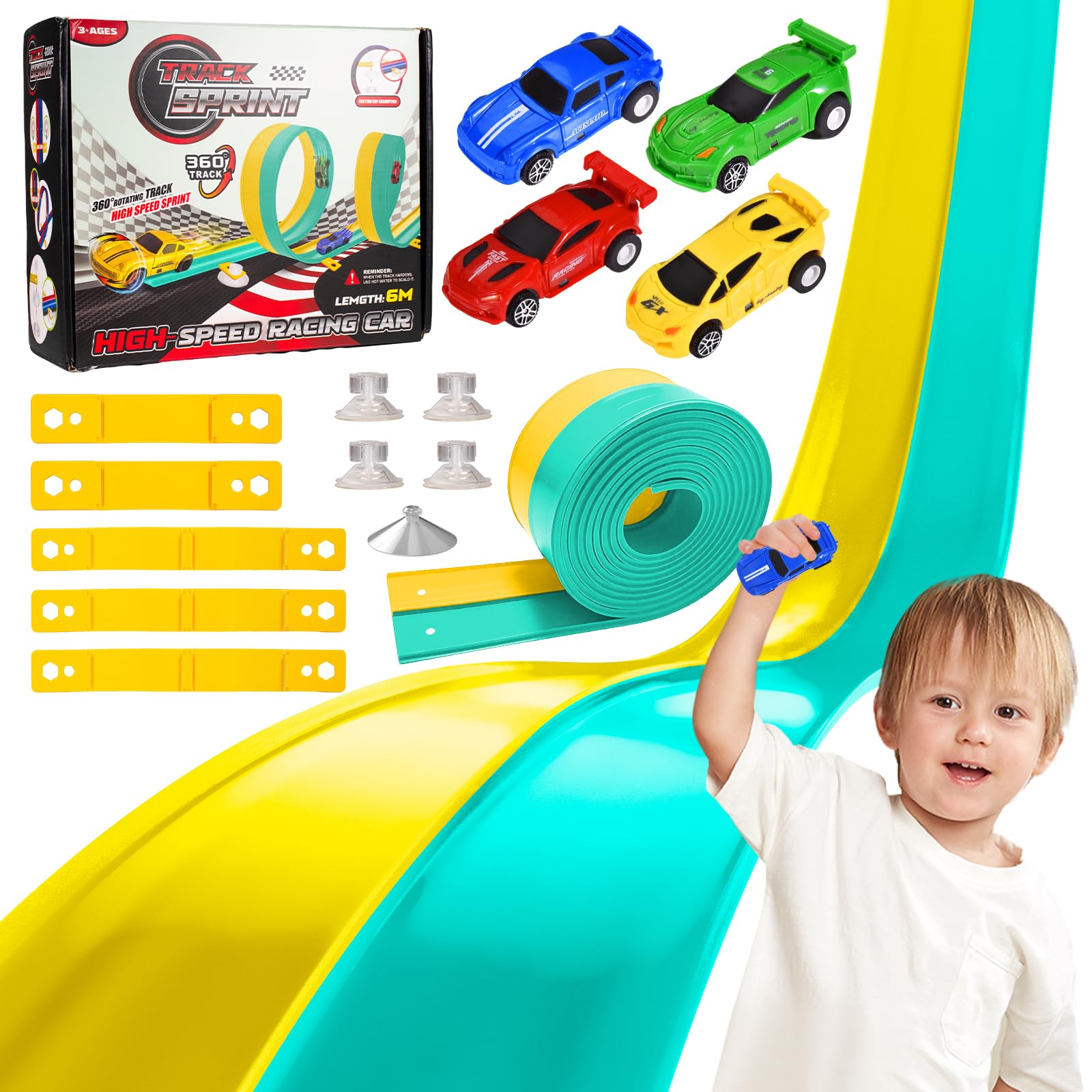 Car Track 6m, Flexible Race Track Cars Ramp Track Toy with 4 Alloy Cars and Storage Bag, Rolls Up Portable Dual Car Race Tracks Toy for Kids Ages 3+ (Yellow & Green)