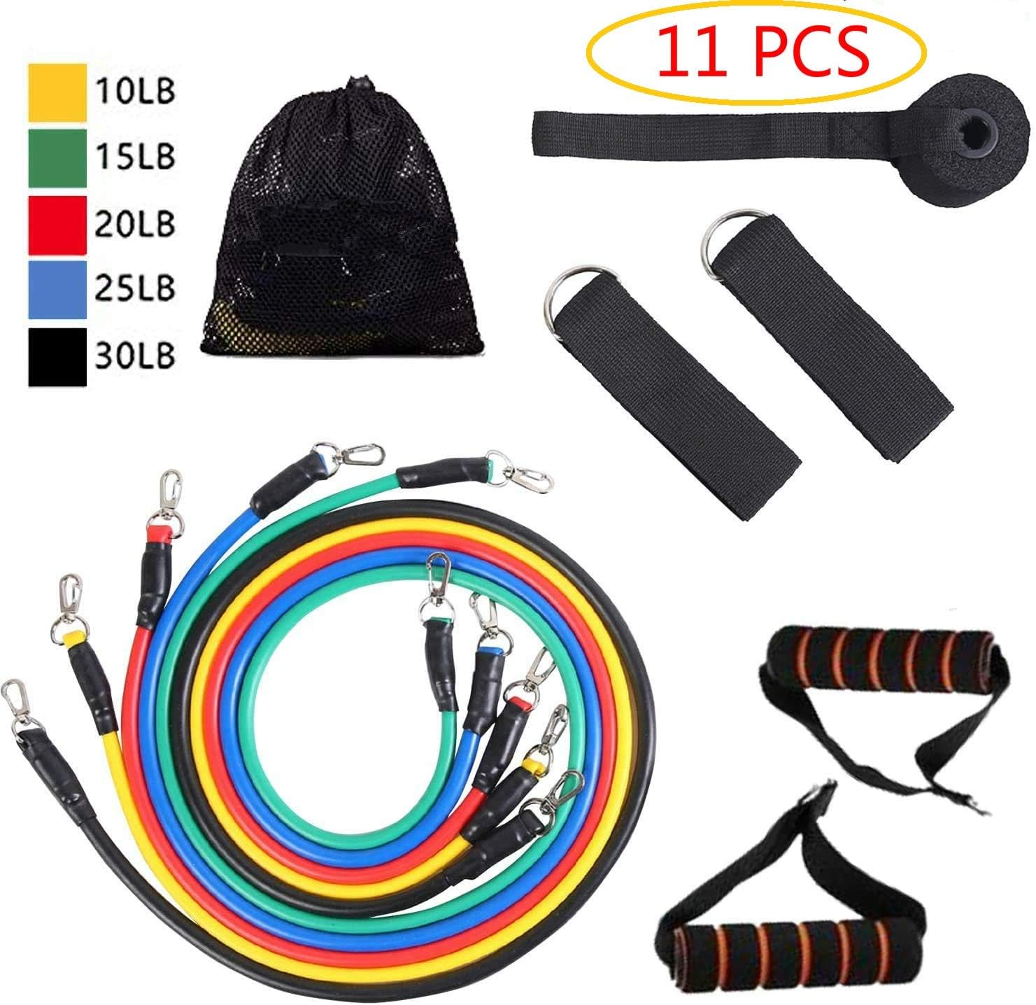 Weeewow Portable Exercise Resistance Band Set Include 5 Stackable Exercise Bands with Handles, Door Anchor, Carry Bag, Legs Ankle Straps for Resistance Training Exercise Stretch Fitness Home Set