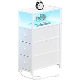 TUTOTAK Narrow LED Night Stand with Charging Station, Slim End Table with Plugins, Tall Side Table with 3 Fabric Drawer, Small Bedside Table with Storage, for Living Room, White TB01BW086L
