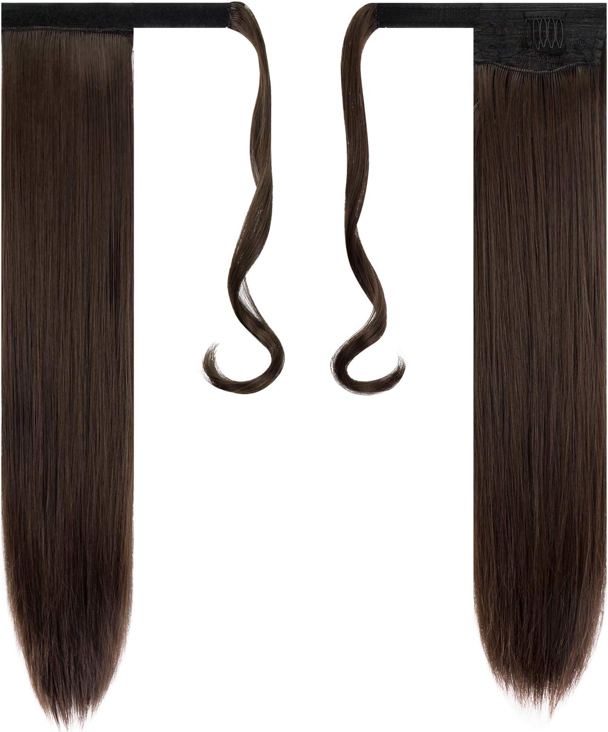 FESHFEN Straight Ponytail Extensions Long Wrap Around Ponytail Synthetic Clip in Pony Tail Hair Extensions Medium Brown Hairpiece for Women 24 inch - Image 3