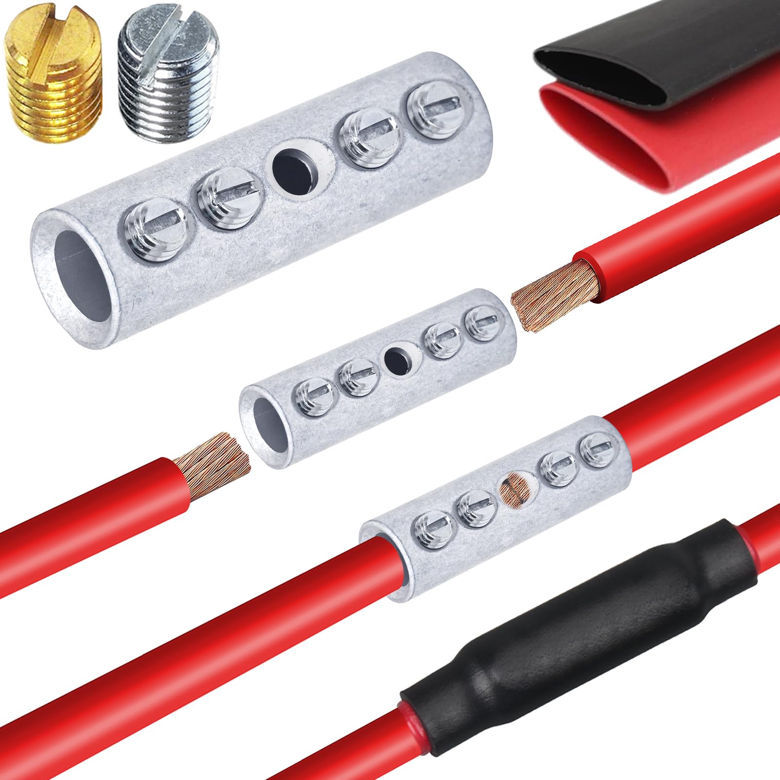 Photo 1 of 0000 Gauge Butt Splice Wire Connectors 4PCS Tinned Brass Mechanical Splice Connectors Kit 4/0 AWG Mechanical Repair Splice Kit Splice Screw Sleeves 4PCS Mechanical Butt Splices & 3:1 Heat Shrink Tubes