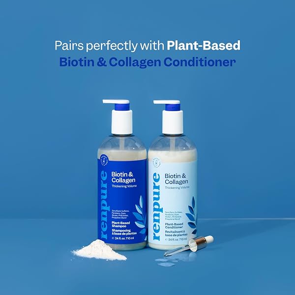 RENPURE PLANT BASED BIOTIN & COLLAGEN VOLUMIZING VEGAN SHAMPOO, LEAVES HAIR LOOKING LUSCIOUS, RIDS HAIR OF GRIME, GENTLE BIOTIN SHAMPOO FORMULA, PARABEN FREE, RECYCLABLE, PUMP BOTTLE DESIGN, 24 FL OZ