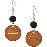 MINACHI Vintage Bohemian Wooden Disc Geometric Triangle Black Bead Dangle Drop Earrings, Boho Summer Jewelry Gift for Women