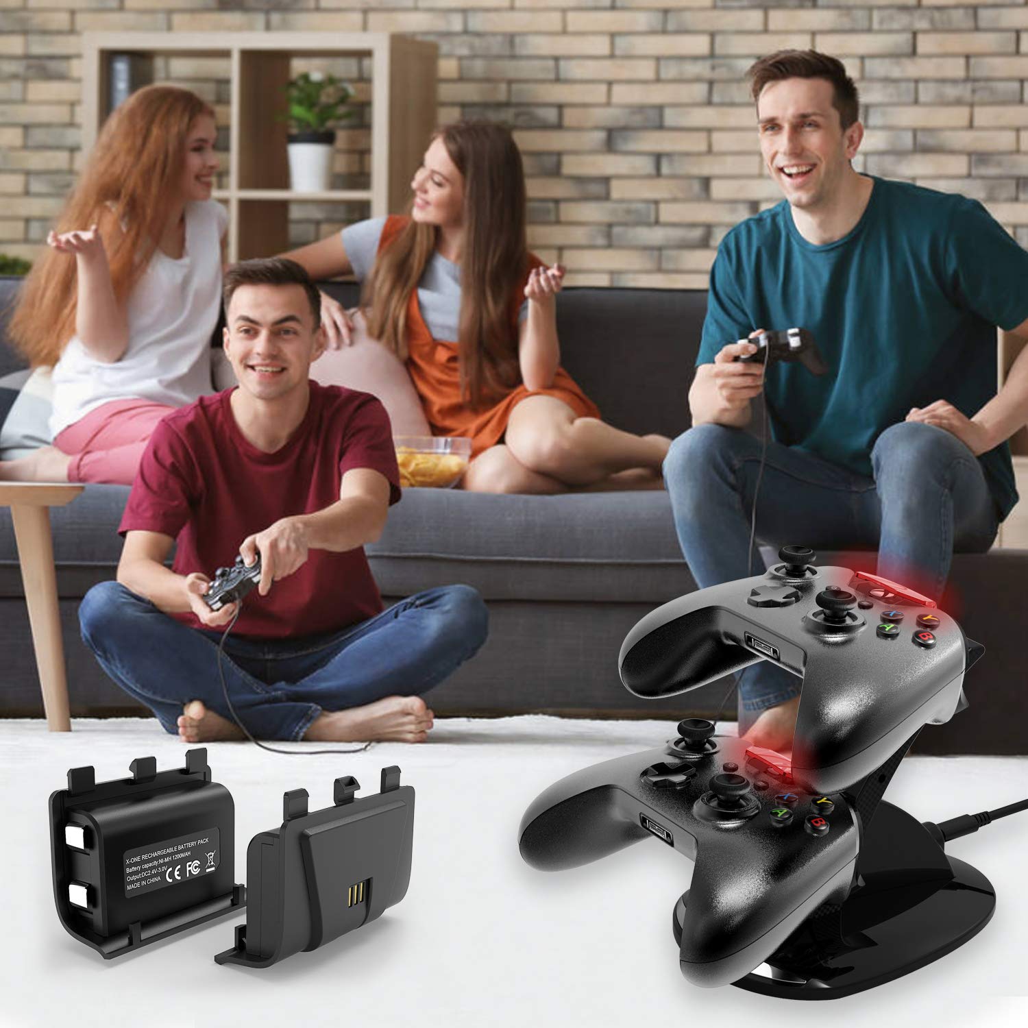 Xbox One Controller Charger, DualShock Charging Docking Station for Xbox One/One S/One X with 2x1200mAh Rechargeable Battery Pack for Xbox One Wireless Controller, Black