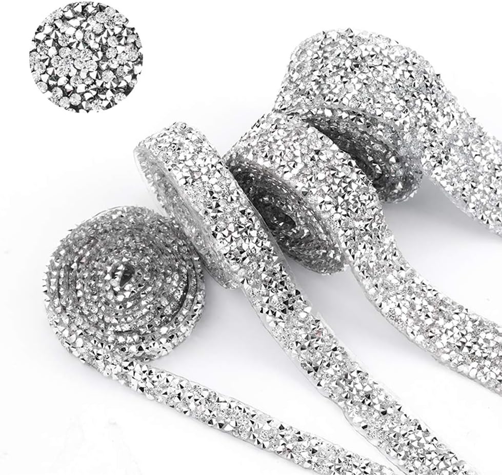 BLINGINBOX Silver Crystal Rhinestone Ribbon Sparkling Rhinestone Ribbon Mesh Wrap Roll Bling Arts Crafts Event Decorations 5 Yard 1.5cm Width (Crystal, 1.5cm)