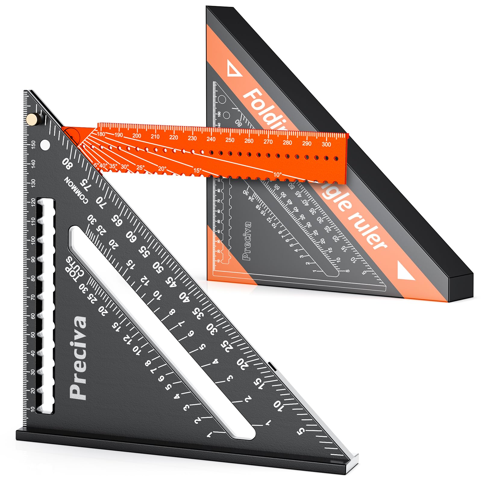 Preciva Folding Triangle Ruler, Speed Square 7-Inches, Carpenter's Layout Ruler, Adjustable Positioning Precision Goniometer, Multi-Angle Measurement Aluminium Alloy, Multi-Function Woodworking Tool
