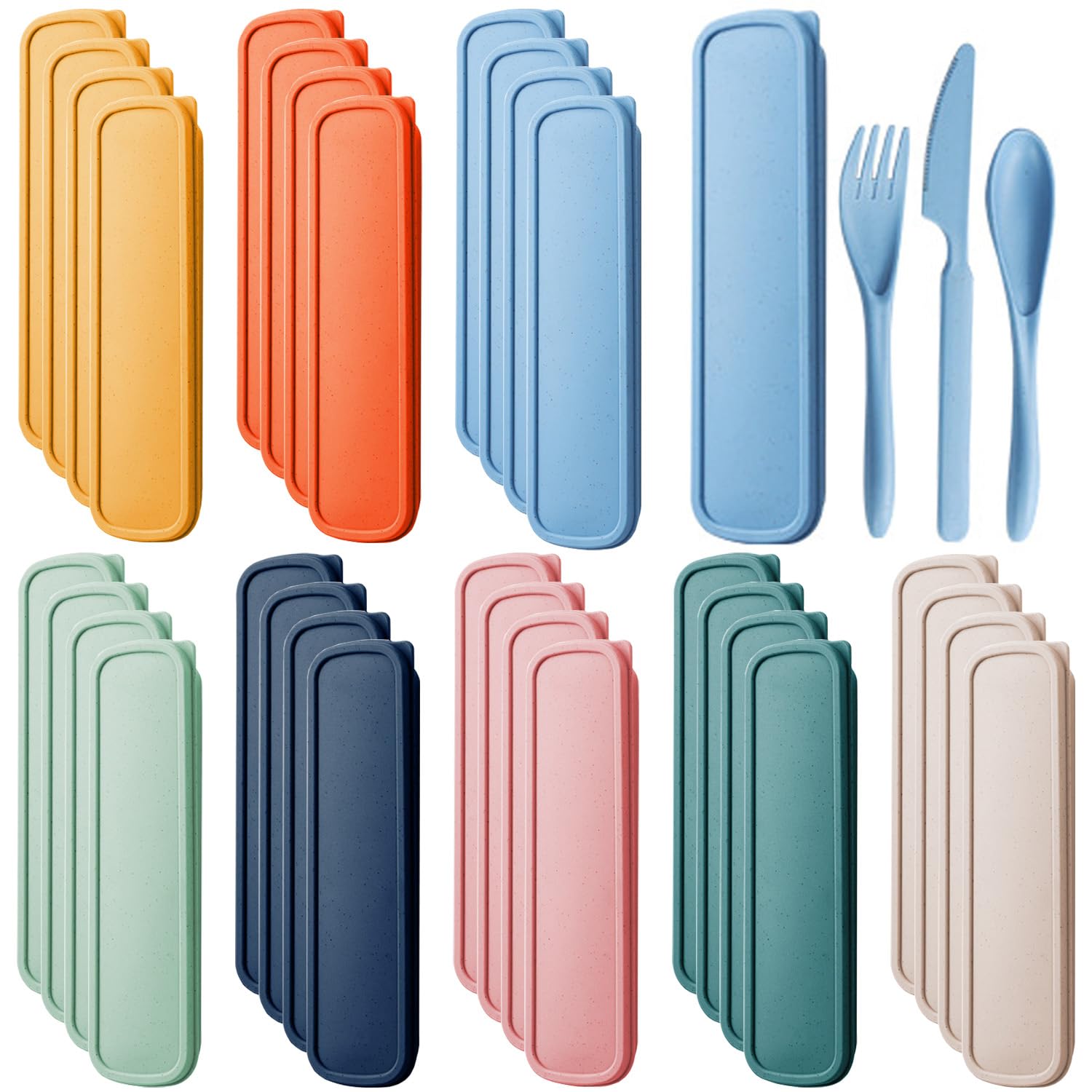 Photo 1 of 32 Sets Reusable Travel Utensils Set with Case Wheat Straw Cutlery Portable Spoon Knife Fork?Bulk for Adults Travel Camping Picnic Utensils Gift