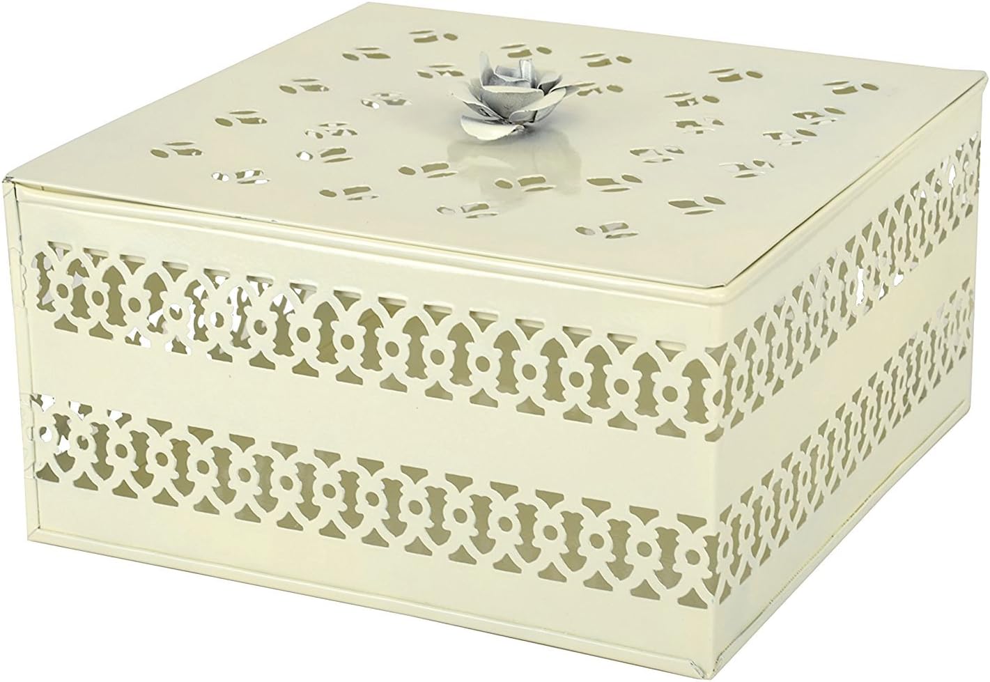 PAISLEYS Rosa Decorative Gifting/Storage Box in Laser-Cut Metal, Ivory Colour