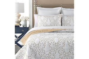 mixinni Quilt King Size Reversible Soft Cotton 3-Piece Beige Embroidery Pattern Elegant Quilt Set with Embroidered Decorative Shams Soft Bedspread&Coverlet Set-King Size