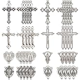 SUNNYCLUE 1 Box 48pcs 8 styles Easter Rosary Charms Metal Rosary Crucifix Bulk Assorted Tibetan Style Alloy Antique Silver Chandelier Link Connector Charm Pendants Bulk for Jewelry Making Women Adults