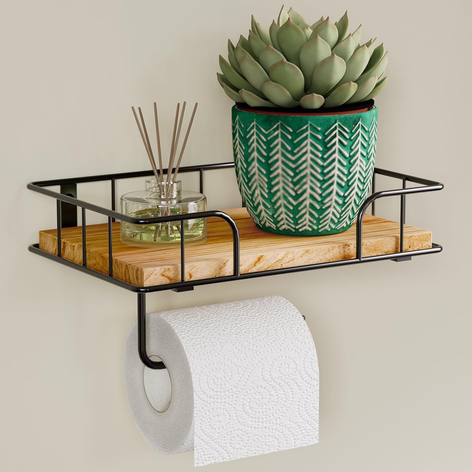 THYGIFTREE Wooden Toilet Roll Holder with Shelf, Toilet Paper Holder with Wet Wipes Box Wall Mounted Tissue Black Toilet Roll Holder wooden with Drilling Loo Roll Holder for Bathroom Accessories