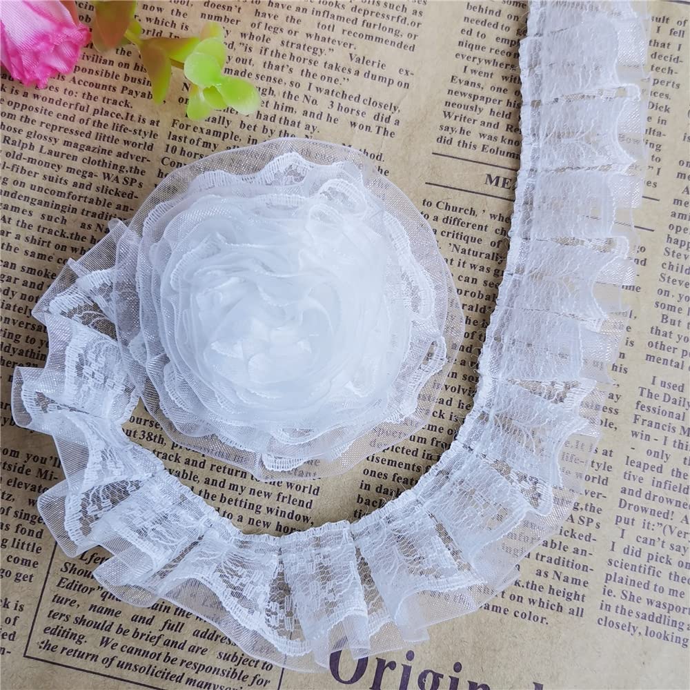 Photo 1 of 10 Yard Pleated Organza Lace Edge Trim Ribbon 1 inch Wide Assorted Colors Trimming Ruffle Fabric Embroidered Sewing Craft Wedding Bridal Dress Party Decoration Clothes Embellishment (White)