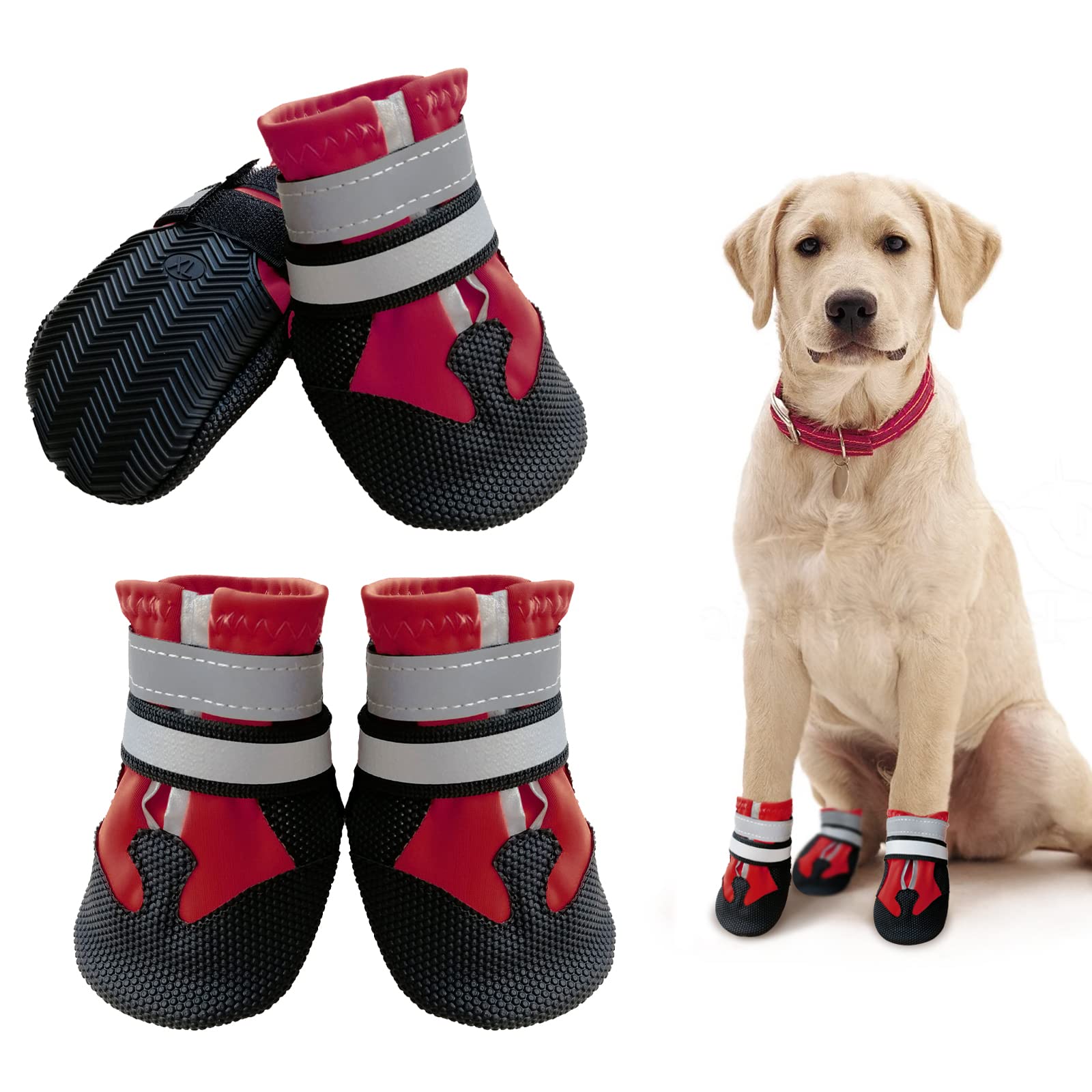 NeuWook Dog Shoes, Waterproof Dog Boots for Injured Paws, Set of 4 Non-Slip Dog Protective Boots Wear-Resistant Dog Shoes with Reflective Straps for Small Medium Large Dogs Outdoor (XXL, Red)