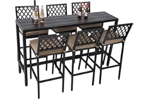 Sumshadow Outdoor Patio Bar Set, Bar Height Patio Dining Set, Weather-Resistant Bistro Counter Pub Set with Cushions & Slatted Tabletop for Backyard, Garden, Yard (63" Table, 6 "X Style Stool, Black)