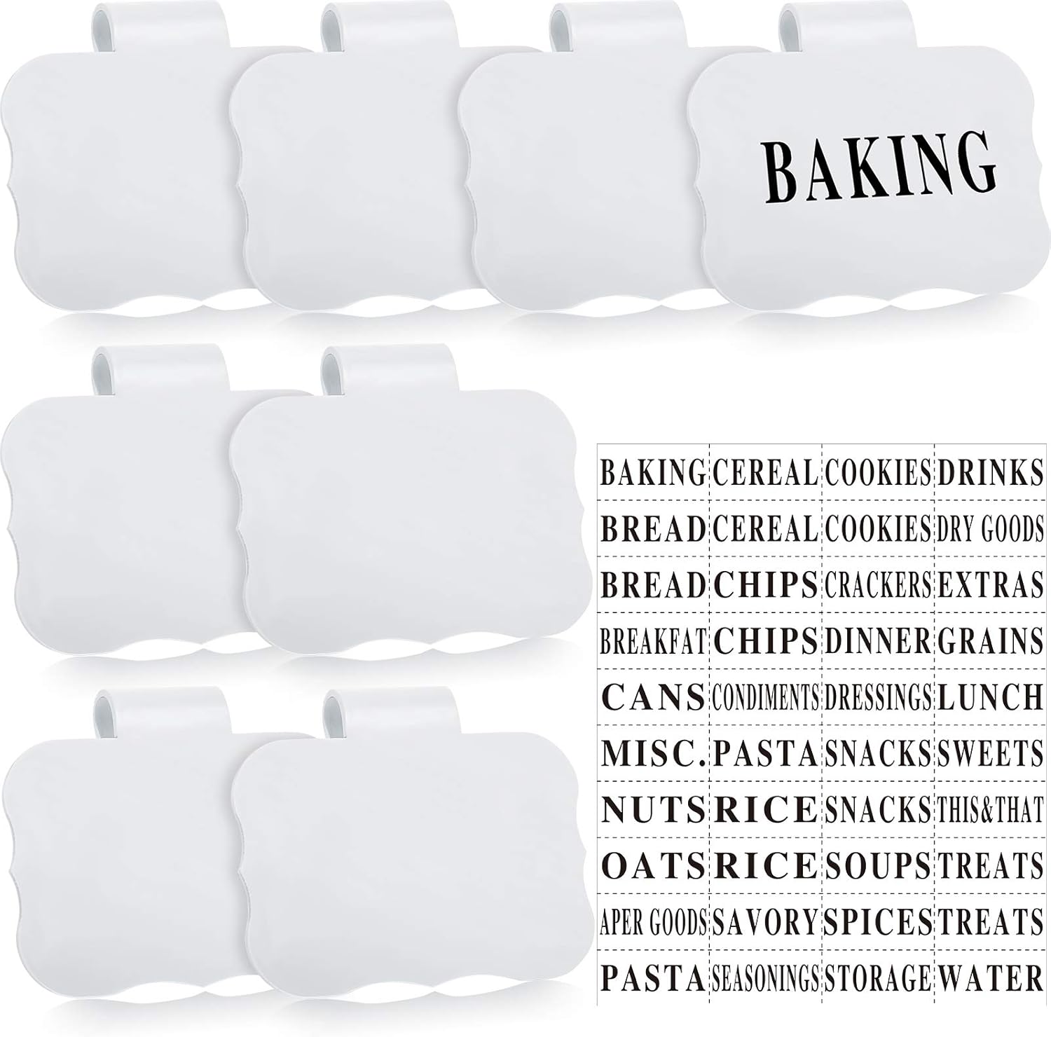 8 Pieces Kitchen Clip Label Holders Removable Acrylic Bin Clips with 40 Pieces Pantry Labels Stickers for Storage Baskets (White Label Holders and Black Words): Furniture & Decor