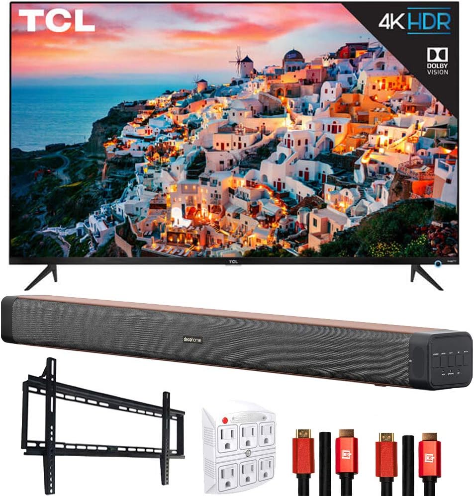 TCL 75S535 75-inch 5-Series 4K UHD Dolby Vision HDR Roku Smart TV Bundle with Deco Home 60W Soundbar with Dual Subwoofers, Wall Mount, 2X Deco Gear HDMI Cable, 6-Outlet Surge Adapter with Night Light