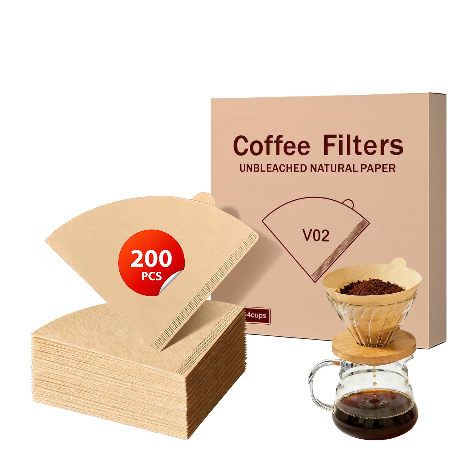 Photo 1 of 200 Count Coffee Filters, Size 02, Disposable Cone Coffee Filters 2-4 Cup, Unbleached Natural Paper Filters Compatible with Pour Over and Drip Coffee Maker