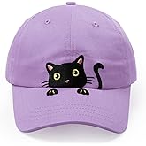 Girls Criss Cross Ponytail Hat Cute Embroidered Black Cat Hats for Girl Adjustable Cotton Baseball Cap for Kids Age 3-14