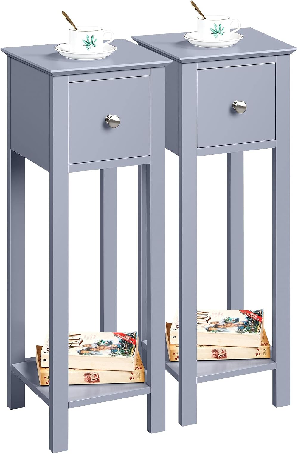 Yaheetech Grey Slim Bedside Table Set of 2 with Drawer 25x25x70cm