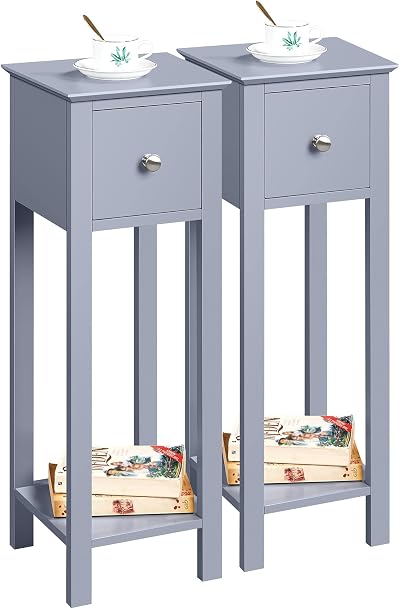 Yaheetech Grey Slim Bedside Table Set of 2 with Drawer 25x25x70cm