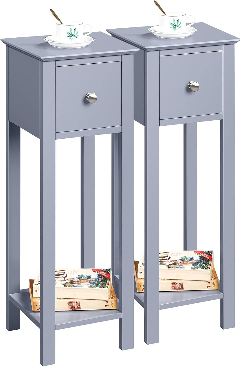 Yaheetech Grey Slim Bedside Table Set of 2 with Drawer 25x25x70cm