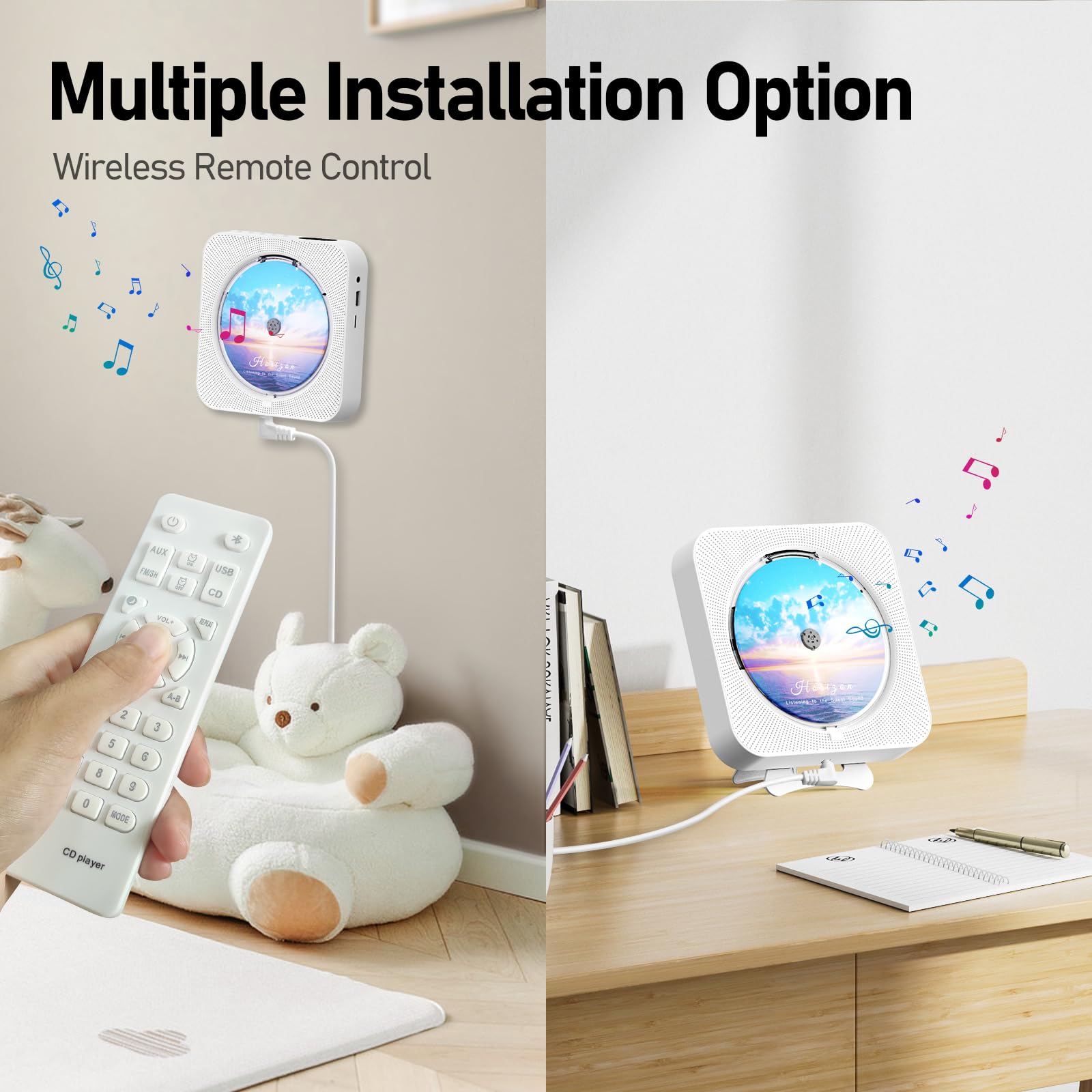 Bluetooth Portable Home CD Music Player with Remote Control, Timer, Built-in Speakers and LED Display - FM Radio Boombox (White)