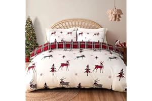 Lekesky Christmas Duvet Cover King Size,3 Pieces Reversible Red Plaid Reindeer Snowflake Holiday Bedding Set with Zipper Closure and Corner Ties(1 Duvet Cover 104x90 inches + 2 Pillowcases)