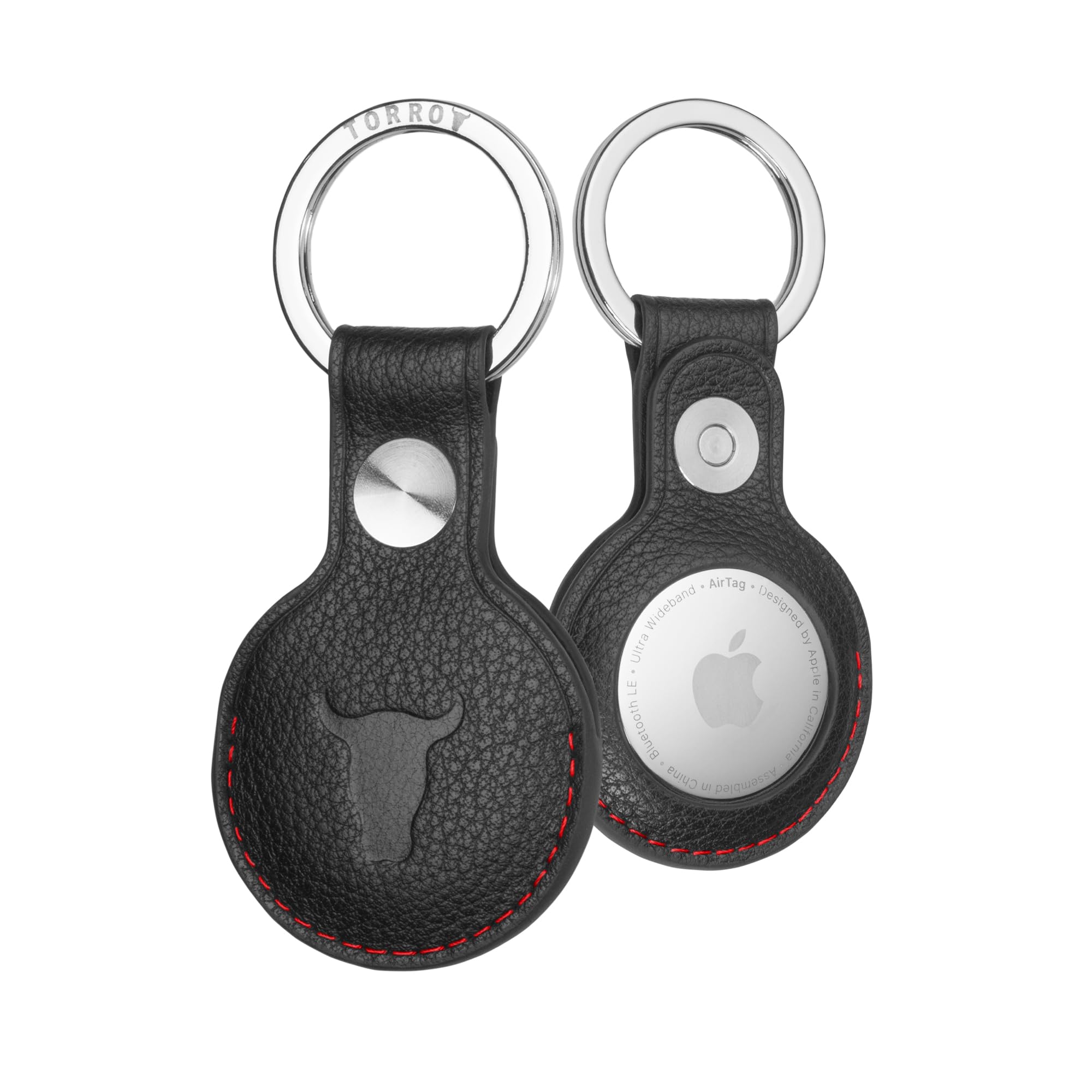 TORRO Leather Keyring/Keychain Compatible with AirTag (2021) and AirTag (2026) – Premium Leather Key Holder with Brushed Metal Ring (Black)