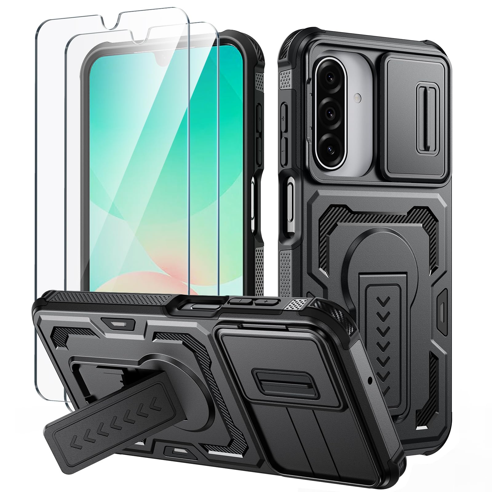 Lanhiem for Samsung Galaxy A17 5G / A26 5G / A16 5G 4G Case with 2 HD Screen Protector, Slide Camera Cover, Military-Grade Shockproof Cover with Kickstand & Dual-Layer Protection, Anti-Slip Grip