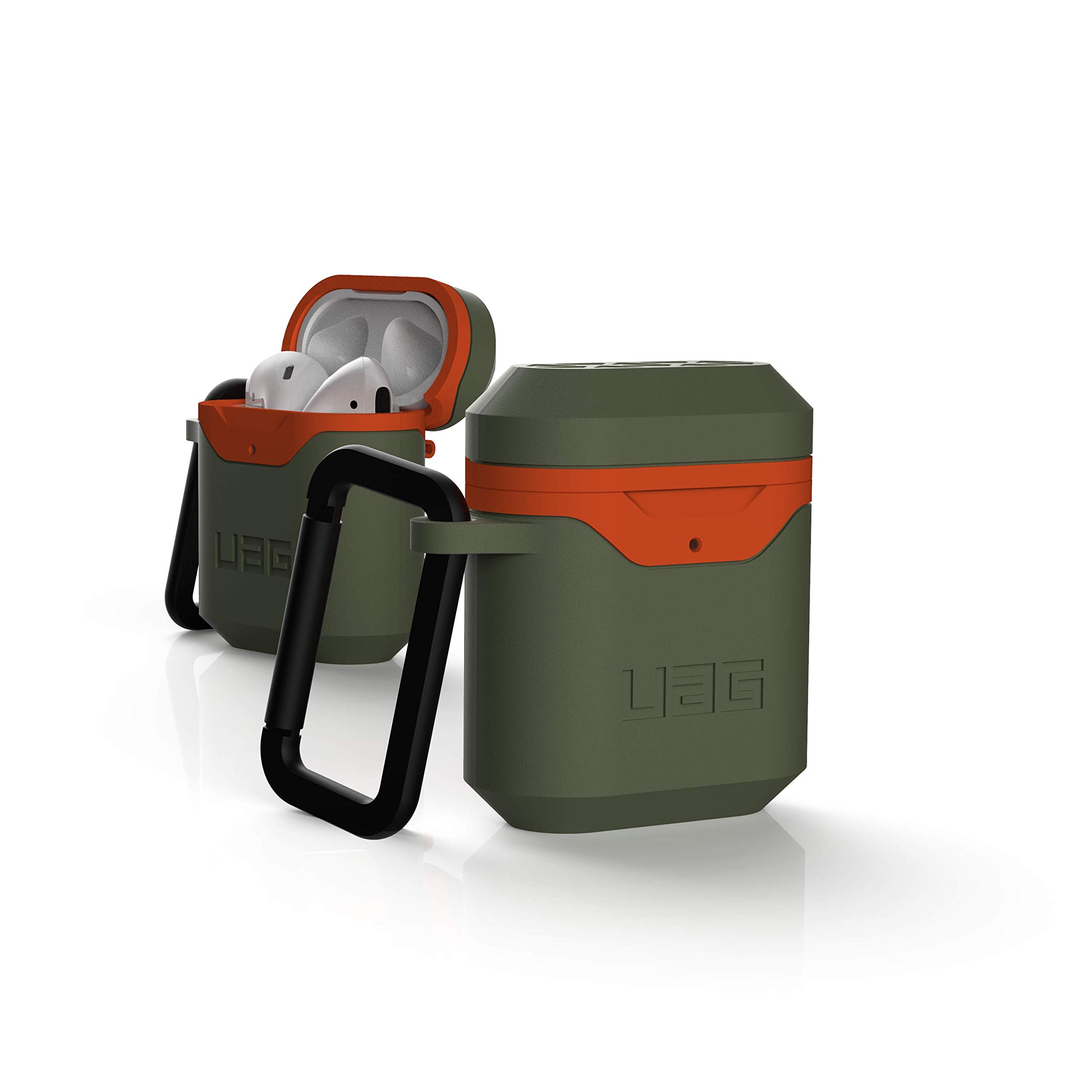 URBAN ARMOR GEAR UAG Compatible with Airpods (1st & 2nd Gen) Case Full-Body Protective Soft-Touch Silicone Case with Detachable Carabiner, Olive/Orange