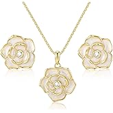 Goxygen Rose Flower Earring Necklace Set - 14k Gold Plated Hypoallergenic Jewelry Sets For Women, Trendy Cubic Zirconia Floral Hoop Earring Pendant Necklace Anniversary Birthday Gift for Her