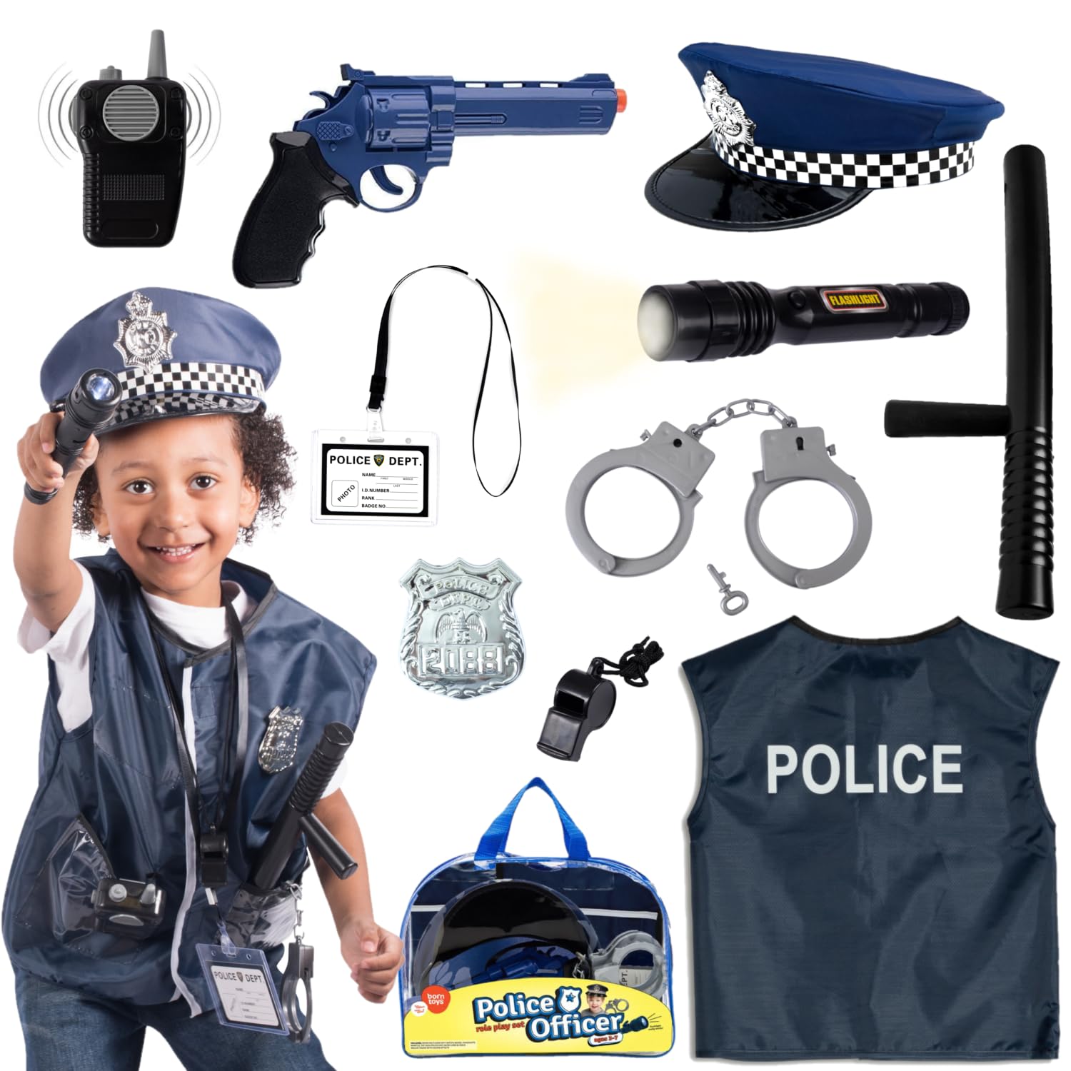 Born Toys Kids Fireman and Policeman Role Play Costume Set, Firefighter Suit, Police Vest, Hats, Accessories