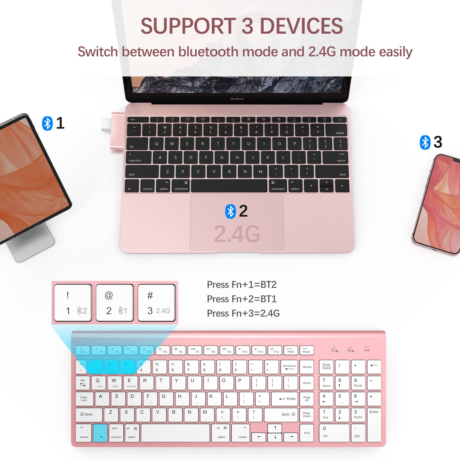 JOYACCESS Bluetooth Wireless Keyboard With Number Pad, Pink, Dual Mode Slim, Connects Up to 3 Devices for iMac/Mac, MacBook, iPad, Laptop, Android, Windows