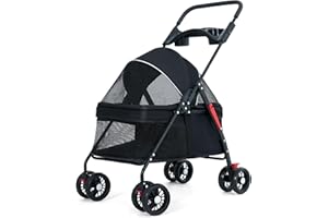 Tokenkuko Pet Stroller 4 Wheels Dog Cat Stroller,Pet Folding Stroller,Foldable Dog Cat Cage Jogger Stroller with Storage Basket and Cup Holder,Breathable and Visible Mesh for Medium Small Dogs Cats