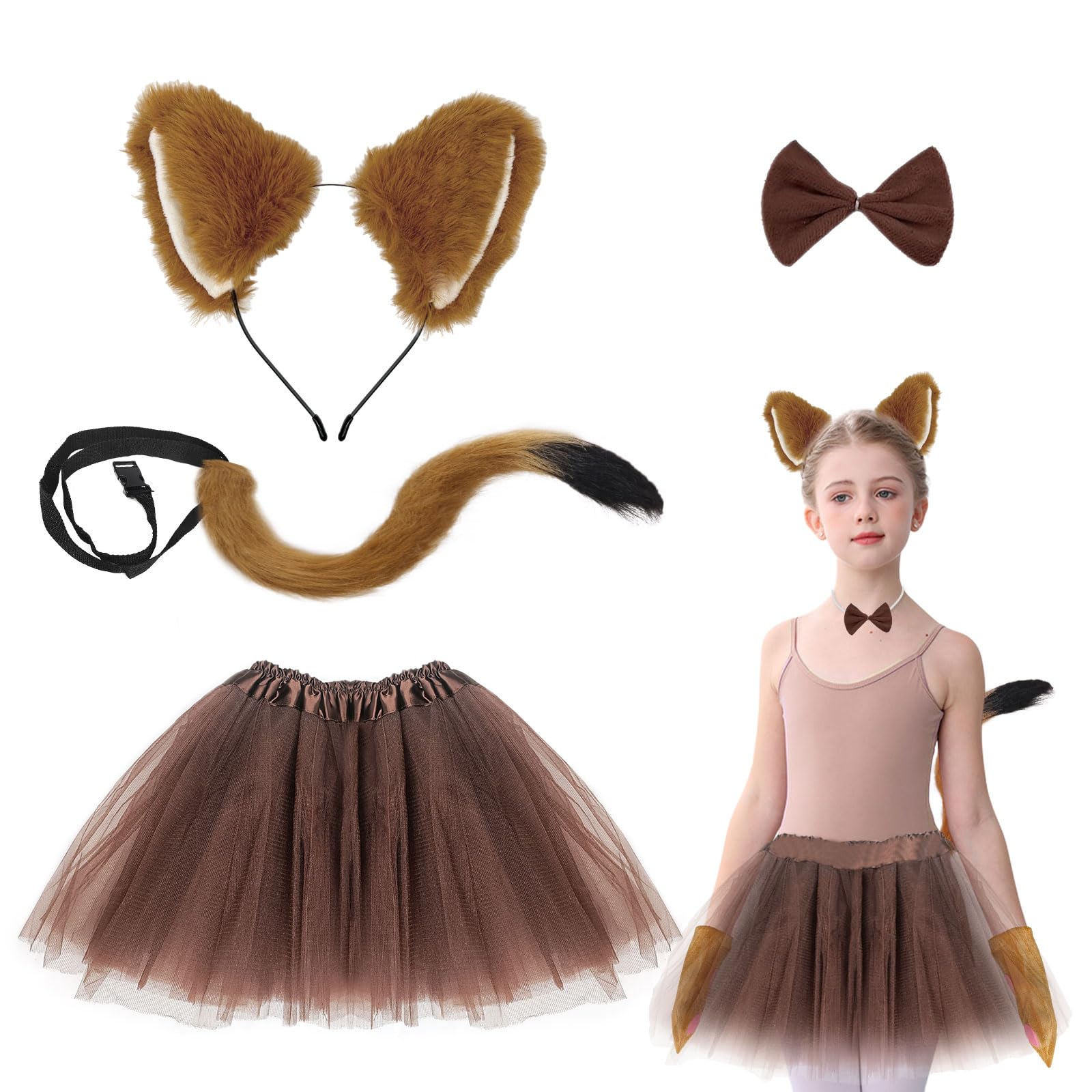 UILYNIU 4 Pieces Fox Costume for Kids, Faux Ears Headband, Long Tail, Bow Tie, Princess Tutu, Animal Fancy Dress Up for Girls World Book Day Halloween (Fox)